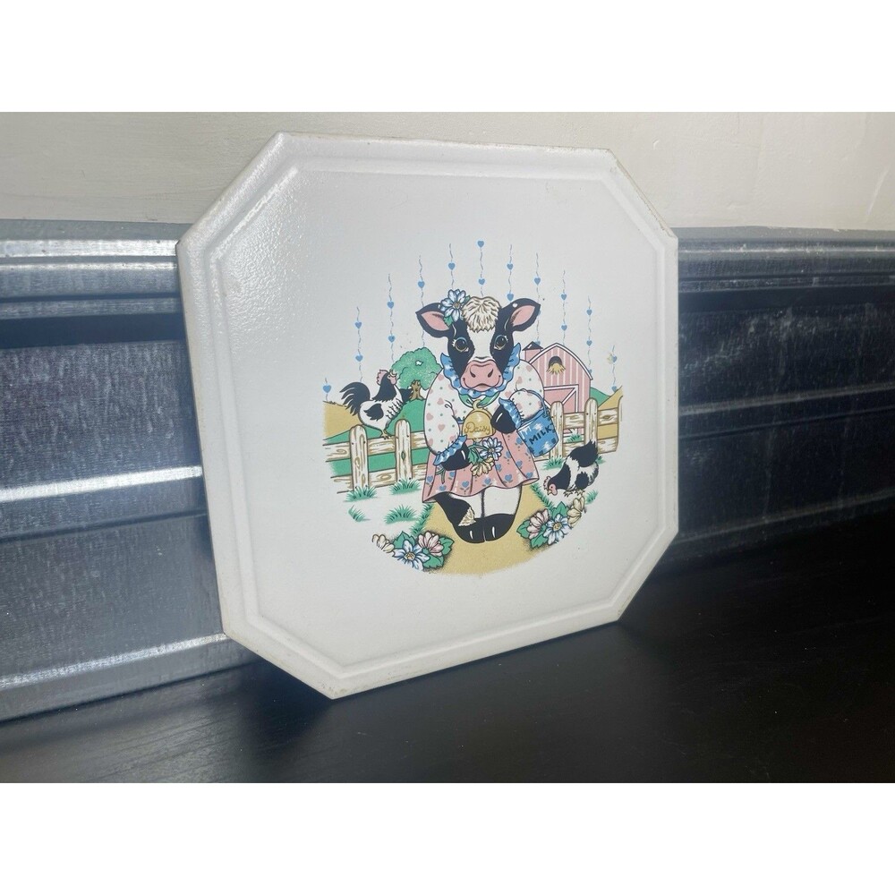 Vintage Ceramic Cow Trivet Pot Stand Farmhouse Kitchen Hot Plate Daisy Farm - Picture 3 of 8